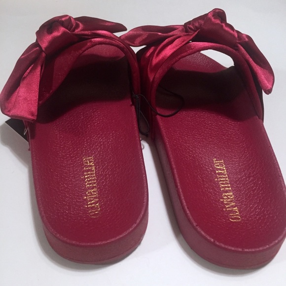 Olivia Miller Burgundy Satin Bow Slide Sandals - Picture 6 of 7